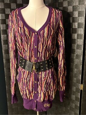 Vintage COOGI 3D Knit Purple Multi-Color Long Cardigan Sweater Dress Belted